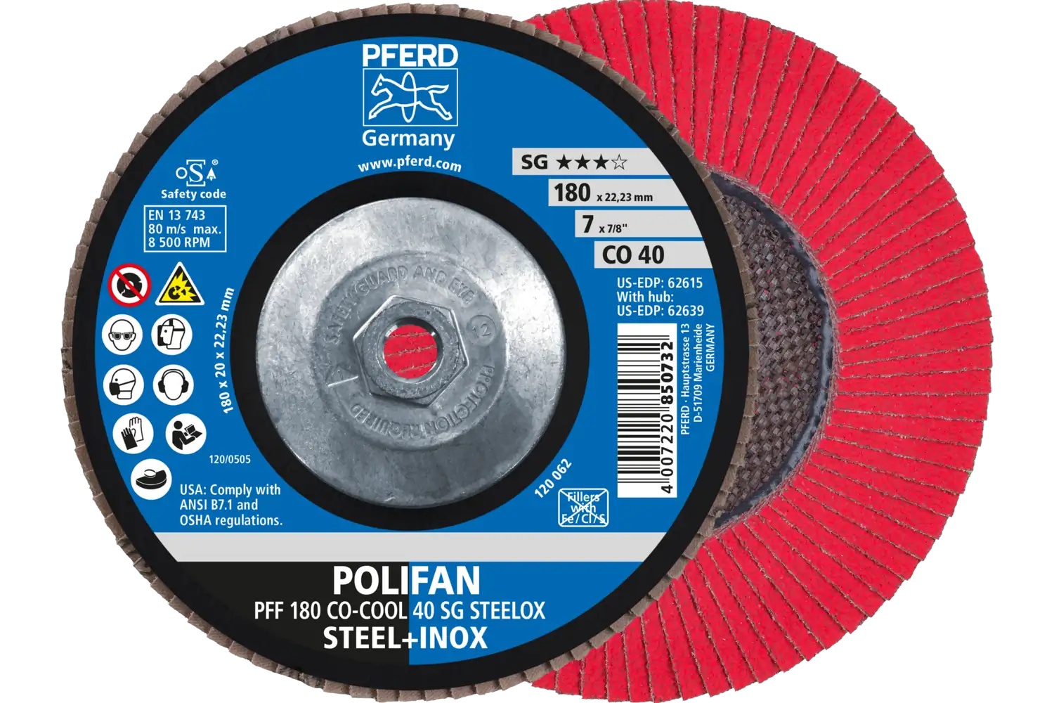 Picture of Pferd Flap Disc, 7" x 5/8-11, Co-Cool SG Steelox, 40 Grit, T27, Flat, Ceramic oxide